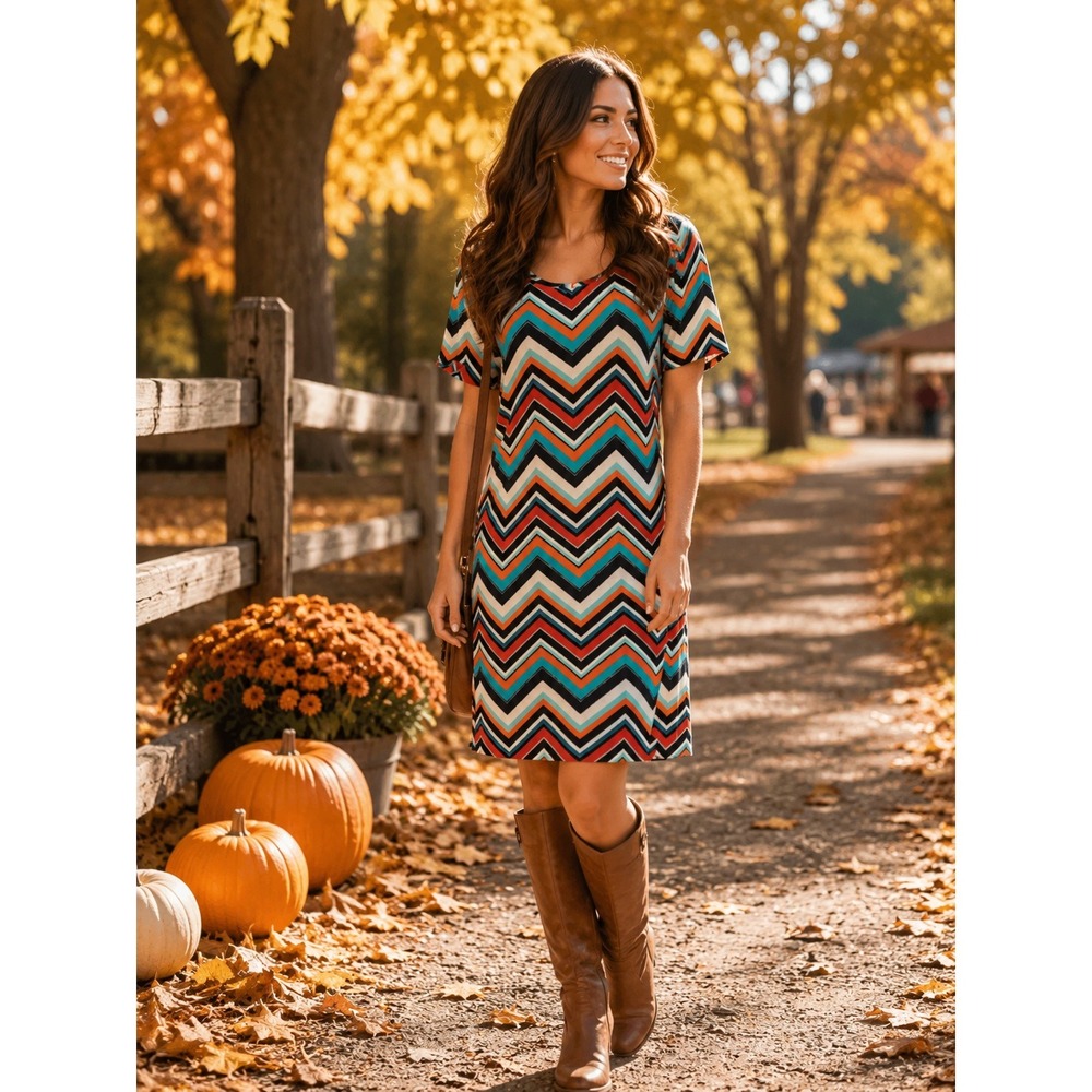 Bobbie Brooks Chevron Dress Plus Size 1X Turquoise Orange Stretchy Flare Hemline